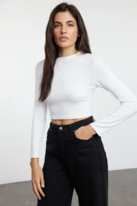 TRENDYOLMİLLA Black-White-Anthracite 3 Sets Package Crop Fitted/Body-Fitting Knitting Blouse - Image 5