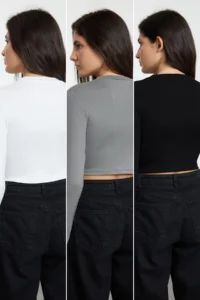 TRENDYOLMİLLA Black-White-Anthracite 3 Sets Package Crop Fitted/Body-Fitting Knitting Blouse - Image 7