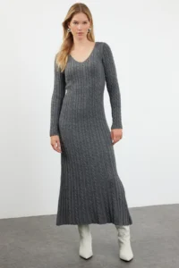 TRENDYOLMİLLA Anthracite Maxi Knitwear Hair Knitting Basic LONG Dress - Image 2