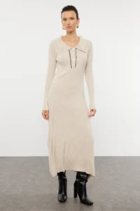 TRENDYOLMİLLA Stone Midi Knitwear Striped Piping Detailed Dress - Image 2