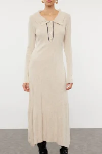 TRENDYOLMİLLA Stone Midi Knitwear Striped Piping Detailed Dress - Image 3