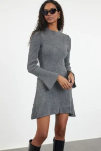 TRENDYOLMİLLA Anthracite Mini Knitwear A-line Formda Dress