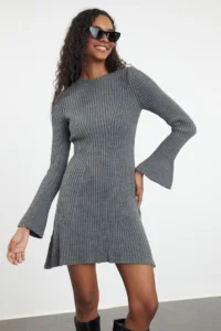 TRENDYOLMİLLA Anthracite Mini Knitwear A-line Formda Dress - Image 2