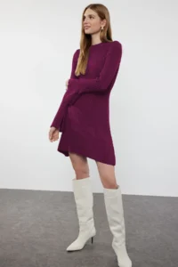 TRENDYOLMİLLA Plum Mini Knitwear A-line Formda Dress