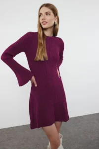 TRENDYOLMİLLA Plum Mini Knitwear A-line Formda Dress - Image 2