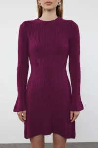 TRENDYOLMİLLA Plum Mini Knitwear A-line Formda Dress - Image 3