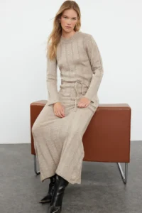 TRENDYOLMİLLA Mink Maxi Knitwear Soft textured Binding Detailed Dress