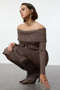 TRENDYOLMİLLA Mink Plain Midi Basic Carmen Collar Knit Dress - Image 2
