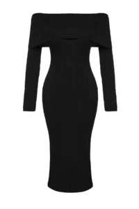 TRENDYOLMİLLA Black Midi Knitwear Basic Carmen Collar Dress - Image 7