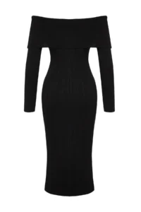 TRENDYOLMİLLA Black Midi Knitwear Basic Carmen Collar Dress - Image 8