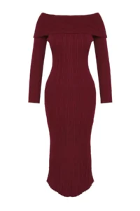 TRENDYOLMİLLA Burgundy Plain Midi Midi Knitwear Basic Carmen Collar Knit Dress - Image 6