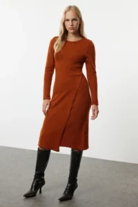 TRENDYOLMİLLA Brick Rejection Midi Knitwear Soft textured Double breasted Skirt Detailed Dress