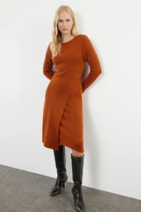 TRENDYOLMİLLA Brick Rejection Midi Knitwear Soft textured Double breasted Skirt Detailed Dress - Image 2
