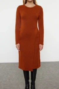 TRENDYOLMİLLA Brick Rejection Midi Knitwear Soft textured Double breasted Skirt Detailed Dress - Image 3