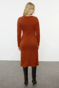 TRENDYOLMİLLA Brick Rejection Midi Knitwear Soft textured Double breasted Skirt Detailed Dress - Image 5