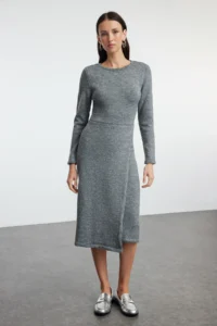 TRENDYOLMİLLA Anthracite Midi Knitwear Soft textured Double breasted Skirt Detailed Dress