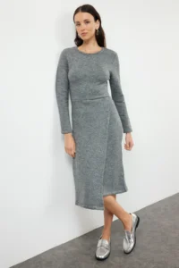 TRENDYOLMİLLA Anthracite Midi Knitwear Soft textured Double breasted Skirt Detailed Dress - Image 2