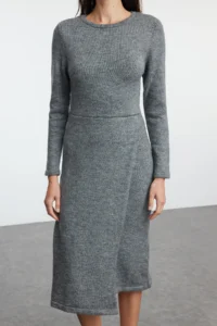 TRENDYOLMİLLA Anthracite Midi Knitwear Soft textured Double breasted Skirt Detailed Dress - Image 3