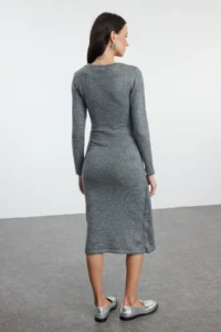 TRENDYOLMİLLA Anthracite Midi Knitwear Soft textured Double breasted Skirt Detailed Dress - Image 5