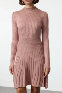 TRENDYOLMİLLA Dusty Rose Mini Knitwear Frilly Dog collar Dress - Image 4