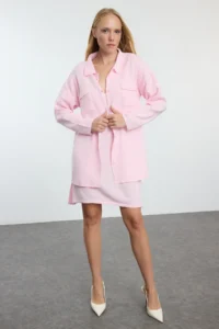 TRENDYOLMİLLA Pink Mini Knitwear Basic Cardigan-Dress