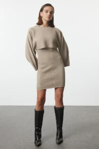 TRENDYOLMİLLA Beige Mini Knitwear Bolero-Dress Set