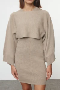 TRENDYOLMİLLA Beige Mini Knitwear Bolero-Dress Set - Image 3