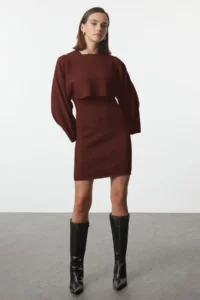 TRENDYOLMİLLA Brown Mini Knitwear Bolero-Dress Set
