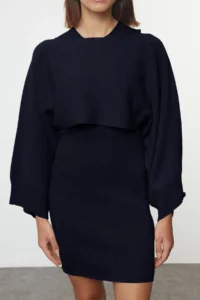 TRENDYOLMİLLA Navy Blue Mini Knitwear Bolero-Dress Set - Image 3