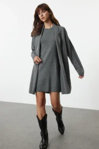 TRENDYOLMİLLA Anthracite Mini Knitwear Cardigan-Dress Set