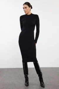 TRENDYOLMİLLA Black Midi Knitwear Corset Detailed Soft Textured Dress
