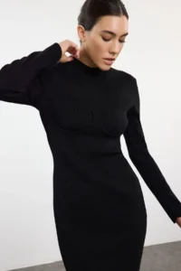 TRENDYOLMİLLA Black Midi Knitwear Corset Detailed Soft Textured Dress - Image 2