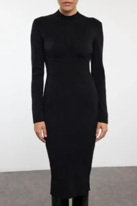 TRENDYOLMİLLA Black Midi Knitwear Corset Detailed Soft Textured Dress - Image 3
