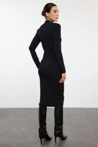 TRENDYOLMİLLA Black Midi Knitwear Corset Detailed Soft Textured Dress - Image 5