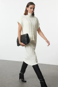 TRENDYOLMİLLA Ecru Maxi Knitwear Soft textured Pullover-Dress Set