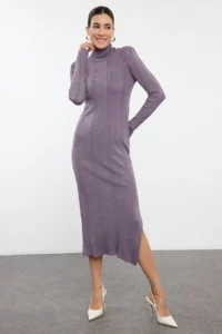 TRENDYOLMİLLA Lilac Maxi Knitwear Turtleneck Glitter Yarn Dress