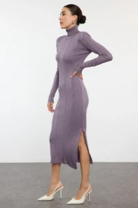 TRENDYOLMİLLA Lilac Maxi Knitwear Turtleneck Glitter Yarn Dress - Image 2