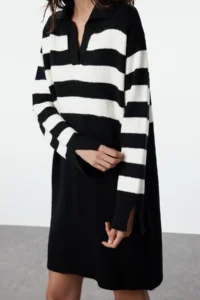 TRENDYOLMİLLA Black Striped Mini Knitwear Soft textured Dress - Image 4