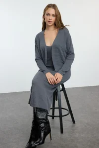 TRENDYOLMİLLA Anthracite Midi Premium Yarn/Special Yarn Knitwear Cardigan- Dress Set