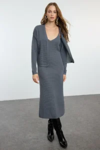 TRENDYOLMİLLA Anthracite Midi Premium Yarn/Special Yarn Knitwear Cardigan- Dress Set - Image 2