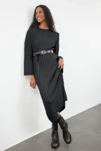 TRENDYOLMİLLA Anthracite Maxi Knitwear Braided Wide Pattern Dress