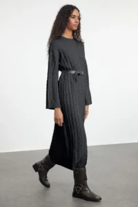 TRENDYOLMİLLA Anthracite Maxi Knitwear Braided Wide Pattern Dress - Image 2