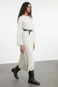 TRENDYOLMİLLA Stone Maxi Knitwear Braided Wide Pattern Dress