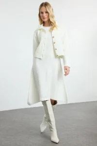 TRENDYOLMİLLA Ecru Midi Knitwear Jacket Look Cardigan-Dress Set