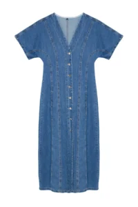 TRENDYOLMİLLA Mavi V-neck Maxi denim Dress with Stitching Detail - Image 6