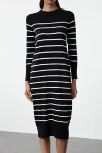 TRENDYOLMİLLA Black Midi Premium Yarn/Special Yarn Knitwear Basic Striped Dress - Image 3