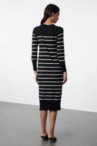 TRENDYOLMİLLA Black Midi Premium Yarn/Special Yarn Knitwear Basic Striped Dress - Image 5