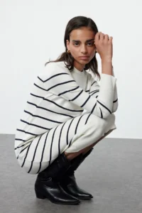 TRENDYOLMİLLA Ecru Midi Dress Premium Yarn/Special Yarn Knitwear Basic Striped
