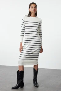 TRENDYOLMİLLA Ecru Midi Dress Premium Yarn/Special Yarn Knitwear Basic Striped - Image 2