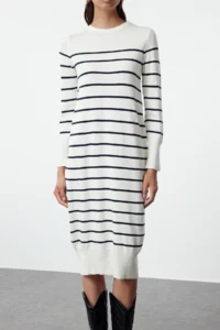 TRENDYOLMİLLA Ecru Midi Dress Premium Yarn/Special Yarn Knitwear Basic Striped - Image 4